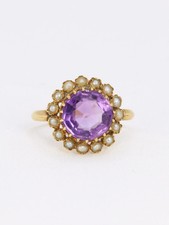 Bague marguerite ancienne or jaune amethyste perles fines