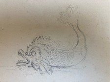 Très Beau Dessin XIXe 1850 Dauphin Élément Architectural Crayon Décoration Art