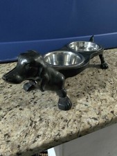 Cast Iron Dachshund Dog Food & Water Bowl Holder - Vintage Wiener Dish Feeder