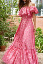 Nwt ML Monique Lhuillier Sz6 Épaule Découverte Métallique à Pois Robe Rose/Or