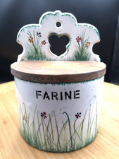 Bel ancien pot à farine en porcelaine et couvercle bois à décor champêtre