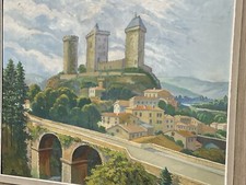 G. Peyras Vue Château de Foix Ariège Peinture Huile sur Toile Ancien