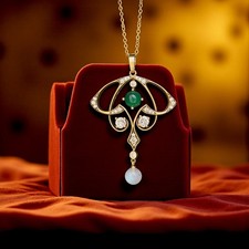 Collier Pendentif Doré Vieilli Agate Vert Perle Pierre de Lune Véritable SB22