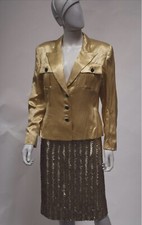 GENUINE VALENTINO NIGHT  SUIT JACKET SKIRT GOLD SILK GOLD SEQUINS SIZE 44 / 10US