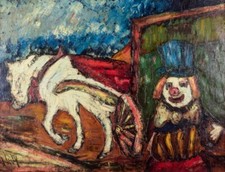 Henry Maurice D'Anty.  Huile sur toile. Clown et calèche