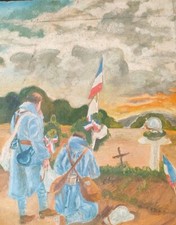 Belle Huile Sur Carton Recueillement De Soldats Poilus Sur Tombes .