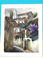 Vintage Aquarelle Peinture Paysage Signée, Arena S, Encadré Avec Spéciale Verre