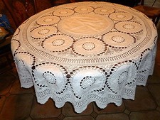 ANCIENNE grande NAPPE RONDE BLANCHE COTON CROCHET MAIN BRODERIE DENTELLE