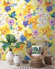 Papier Peint Fleurs Avec Papillons Et Oiseaux – Multicolore, Jaune, Bleu