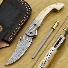 DAMASCUS STEEL CUSTOM MADE POCKET FOLDING KNIFE HORN HANDLE W/SHEATH K431