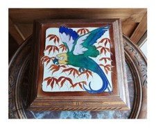 Ancien dessous de plat - Rare carreau Desvres - Perroquet & Bambou - Art Déco
