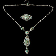 Ancienne Parure austro-hongrois XIXe siècle argent turquoises perles fines Broch