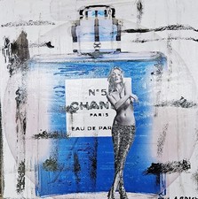 Tableau Pop Art Street art Chanel N°5 /Kate Moss Bleu 20x20cm Signé A ROSEN 