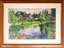 tableau aquarelle de Gérard Fagard (1938-2021): lac du Héron, Villeneuve d'Ascq