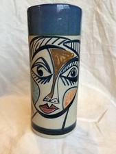 VASE ABSTRAIT VINTAGE REGAL OTERO SIGNE CUBISTE PICASSO VISAGE BLEU CERAMIQUE