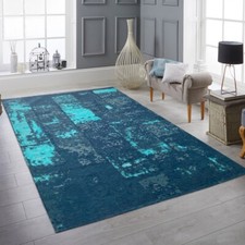 Tapis de Salon Vintage Motif Abstrait Adapté au Chauffage | bleu blanc gris