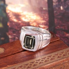 Naturel Fumé Quartz Pierre Précieuse Avec 14K or Blanc Plaqué Argent Hommes Ring