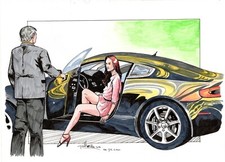 CALL GIRL EN BENTLEY SUPERBE DESSIN ORIGINAL GEANT COULEUR SIGNE (40 cm/29 cm)