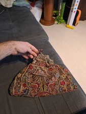 Rare Ancien Grand Sac Tissu Brodé Entourage Argent 18ème Art Populaire 