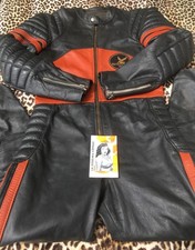 FRENCH 1960s MOTORCYCLE RACE COVERALLS JUMPSUIT~BLACK & ORANGE LEATHER~MINT~S/M
