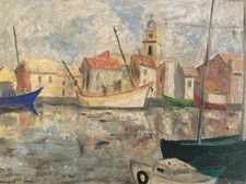 Très Belle Peinture Huile sur carton Martigues Mer Méditerranée bateau peche art