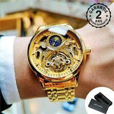 Montre Homme Squelette Automatique Phase de Lune Tourbillon Doré Luxe AOKU 008