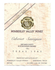Etiquette de vin - Wimberley Valley Wines - Cabernet Sauvignon - Texas 1986