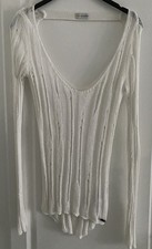 Pull Blanc Ivoire Fine Maille Type Désaiguillé Col Dos V Bande Cou GUESS S