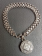 Ancien Bracelet Mailles Larges Aux Trèfles Breloque Argent Massif Poinçons 1900