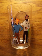 HERGE TINTIN très beau verre 1974 Milou Haddock Tournesol Dupond/t moutarde déco