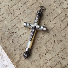 Pendentif Croix Ancienne en Nacre Argent XIXè Victorian French MOP Pendant CROSS