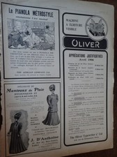 OLIVER machine à écrire + AEOLIAN + J. D'ANTHOINE pub papier ILLUSTRATION 1906