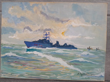 Peinture ancienne école xxe marine coucher de soleil navire gouache bateau