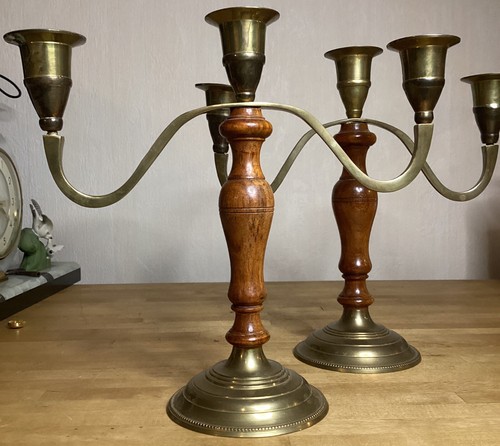 Paire bougeoirs bois laiton - bougeoirs,