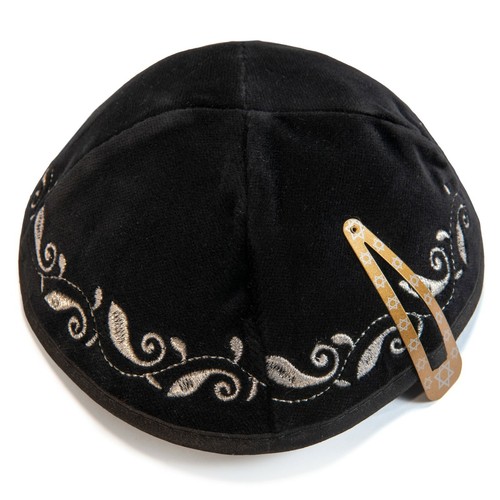 Velours noir brodé kippa juif - velours,