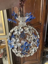 RARE LUSTRE BOULE FLEURS CRISTAL BLANC & BLEU METAL DORE STYLE BAGUES ANNEES 30