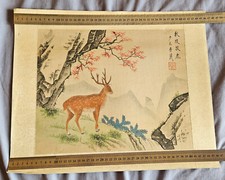 CHINE : Peinture sur soie vintage - encre & gouache - Cerf et montagnes