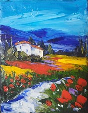 Tableau original de Nolac 18x14 cm Alpilles et coquelicots - au couteau