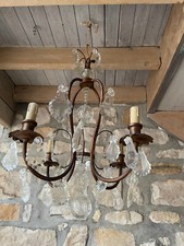 Lustre ancien en bronze à pampilles de cristal dit lustre cage 4 lumières