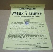 VILLE DE GRENOBLE affiche construction de fours à ciment 1875