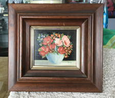 Tableau , Fleurs Peintes sur toile cadre en bois 20 x 19 en très bon état