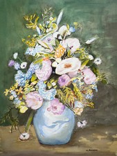 BOUQUET FLEURS Vase AQUARELLE Peinture MAUGEIN XX°