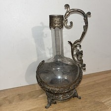 Ancienne Carafe Aiguière En Verre Monture En Étain Argenté