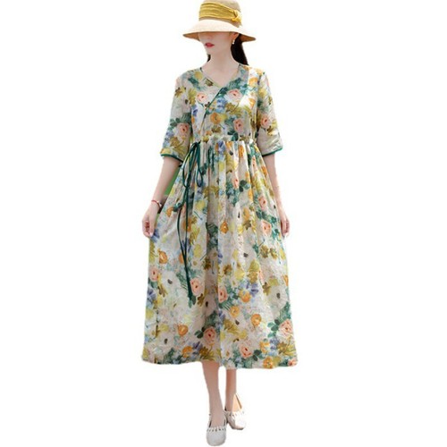Robe longue lin femme motif - mi-longue,