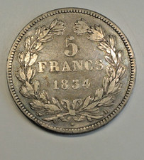 LOUIS PHILIPPE 5 FRANCS 1834 L TTB   ètat  RARE   petit tirage !!