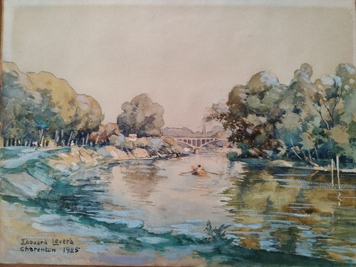 Tableau ancien paysage barque - tableau,