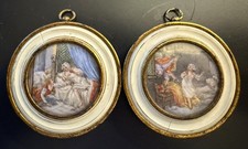 2 MINIATURES PEINTES XIXE SCENES GALANTES INSPIREES DU XVIIIE IVOIRE LAITON DORE