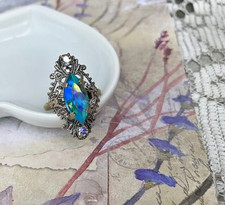 Bague ancienne laiton argenté cristal Tchèque bleu marquise  - T 54