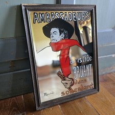 Miroir sérigraphié Aristide Bruant Toulouse Lautrec cadre bois vintage 26x33 cm