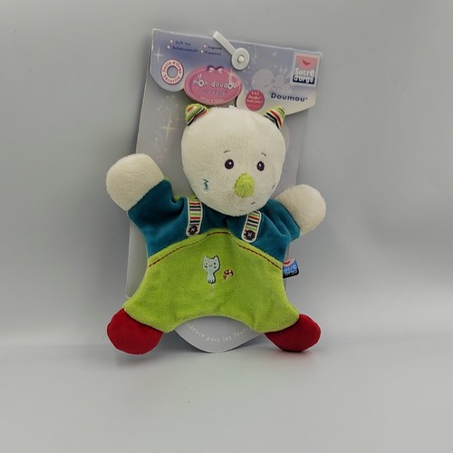 Doudou plat chat blanc vert